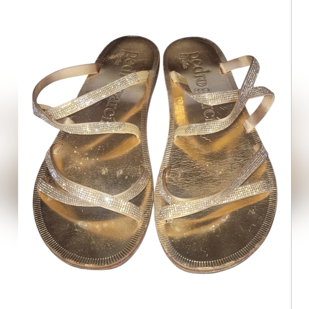 Pedro Garcia Metallic Gold Swarovski Leather Sole Made In Spain Sandals 38 1/2